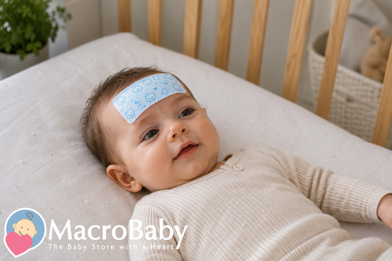 Baby with fever patch on forehead, lying in wooden crib wearing beige onesie