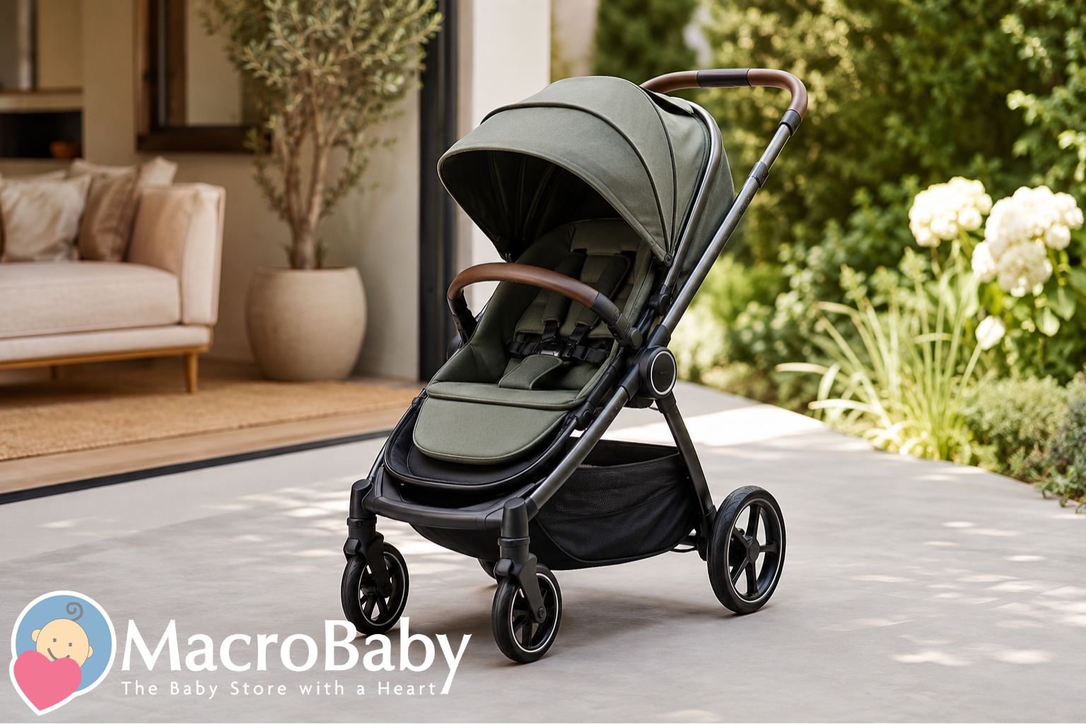 Olive green baby stroller with black frame and wooden handle, parked on patio near garden