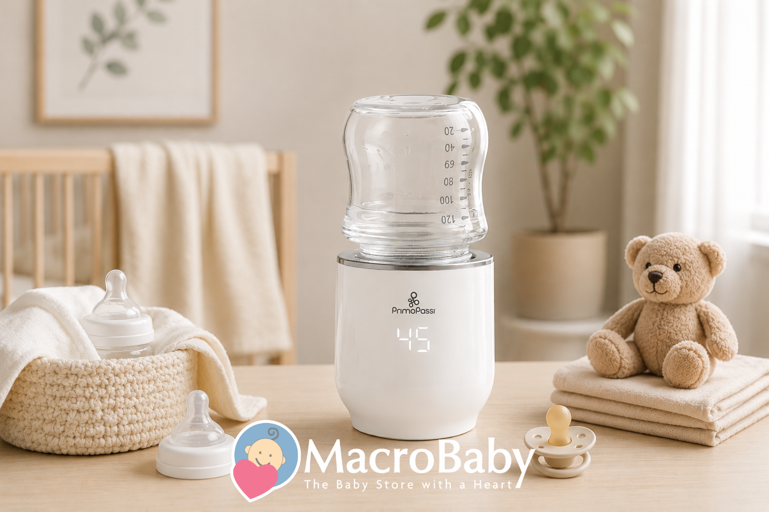 Primo Passi bottle warmer in a modern nursery, illustrating how to choose a bottle warmer for newborns.