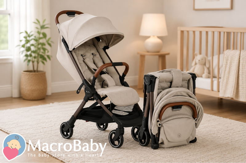 Beige baby stroller with wooden handles, shown folded and unfolded in nursery setting