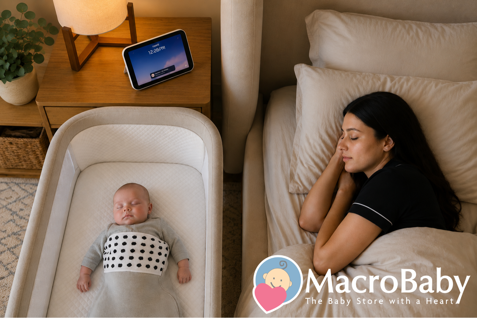 Mom sleeping beside baby in bassinet with smart monitor, cozy nursery setup for peaceful nights