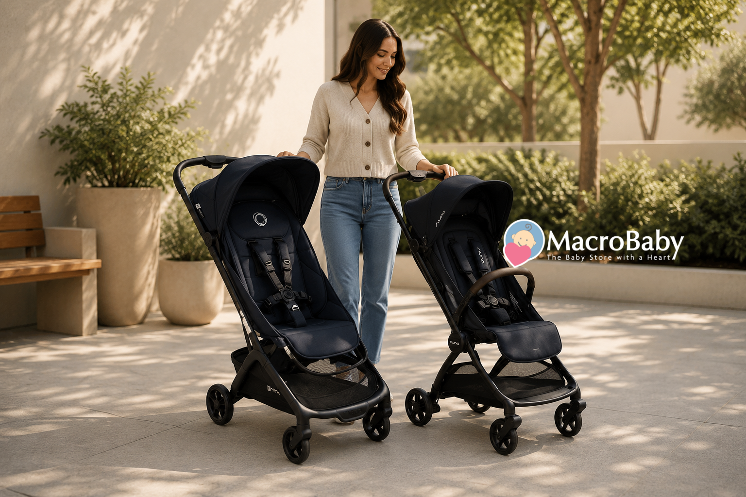 Two premium strollers in a modern outdoor setting.