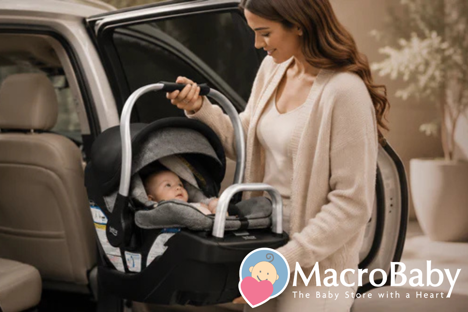 Mom placing baby in car seat, safe infant travel gear for moms and babies