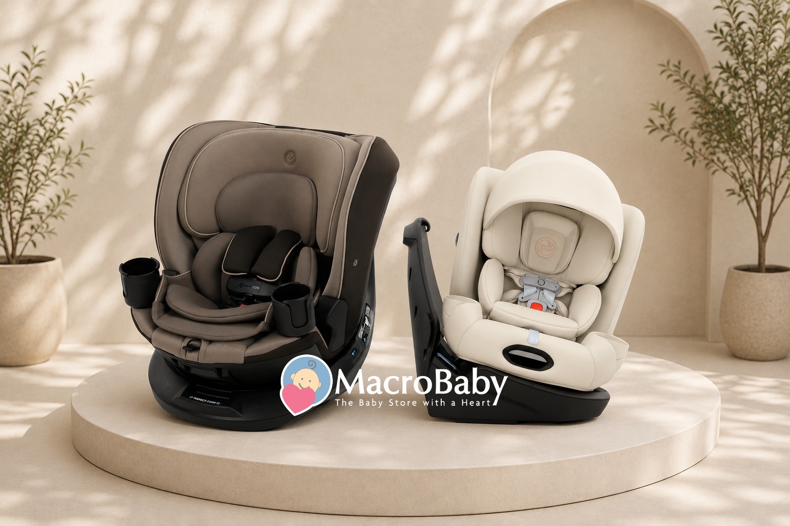 Two child car seats on a clean display platform.