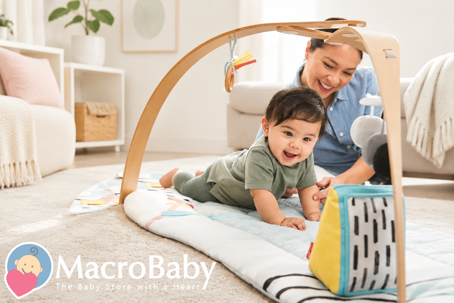 Baby enjoying tummy time on a soft activity mat under a wooden play gym while a smiling parent plays nearby in a bright, modern nursery.