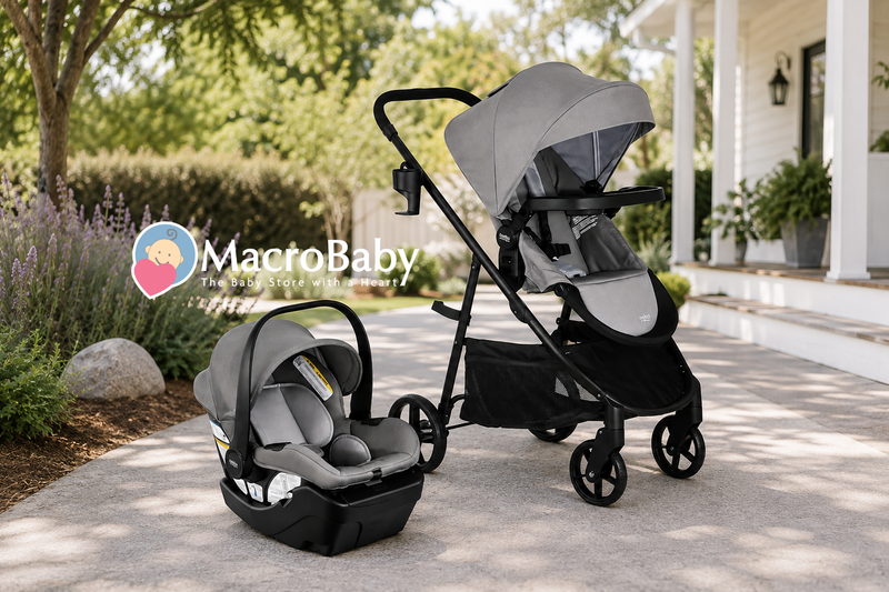 Gray stroller and infant car seat outdoors