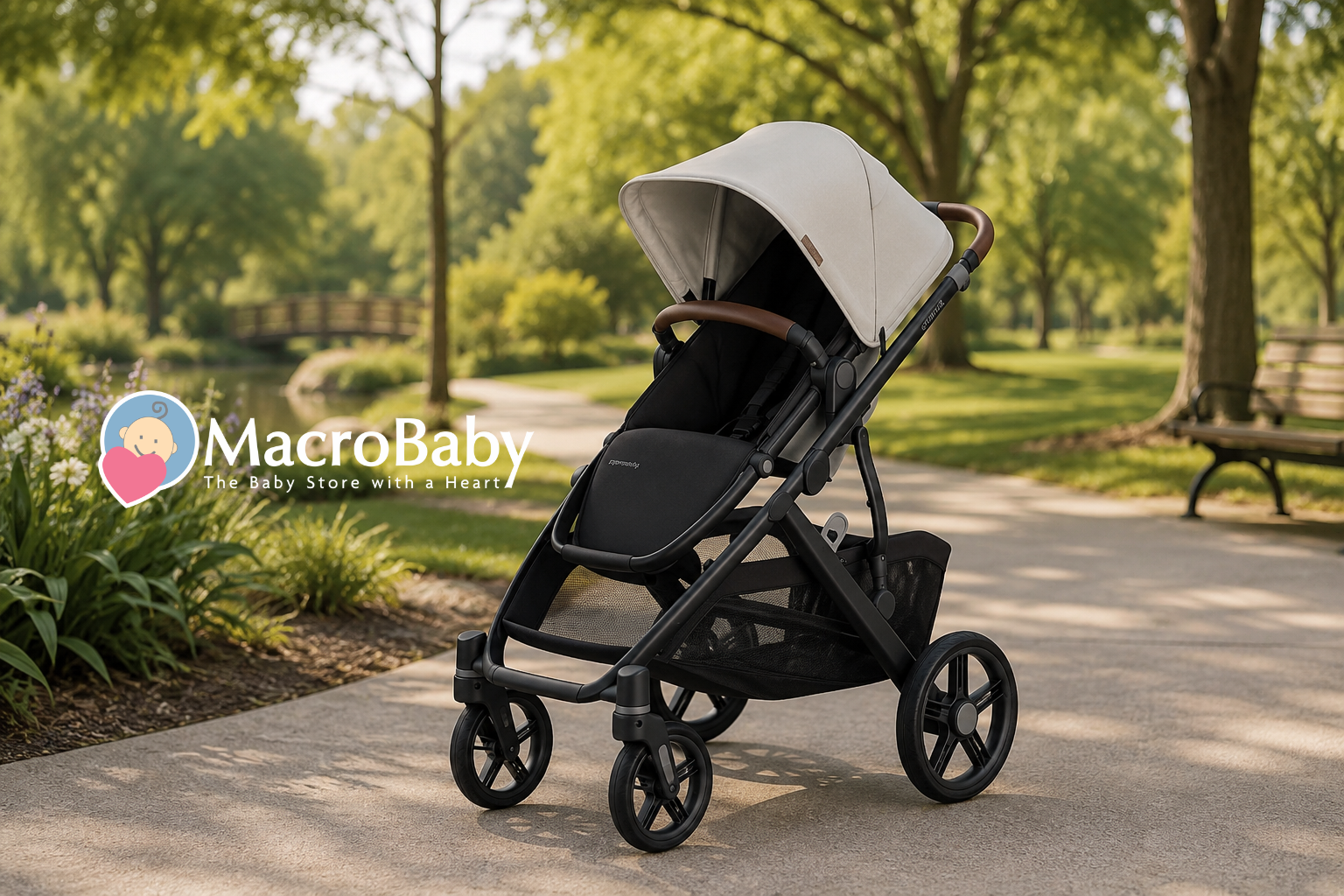Baby stroller in a sunny park