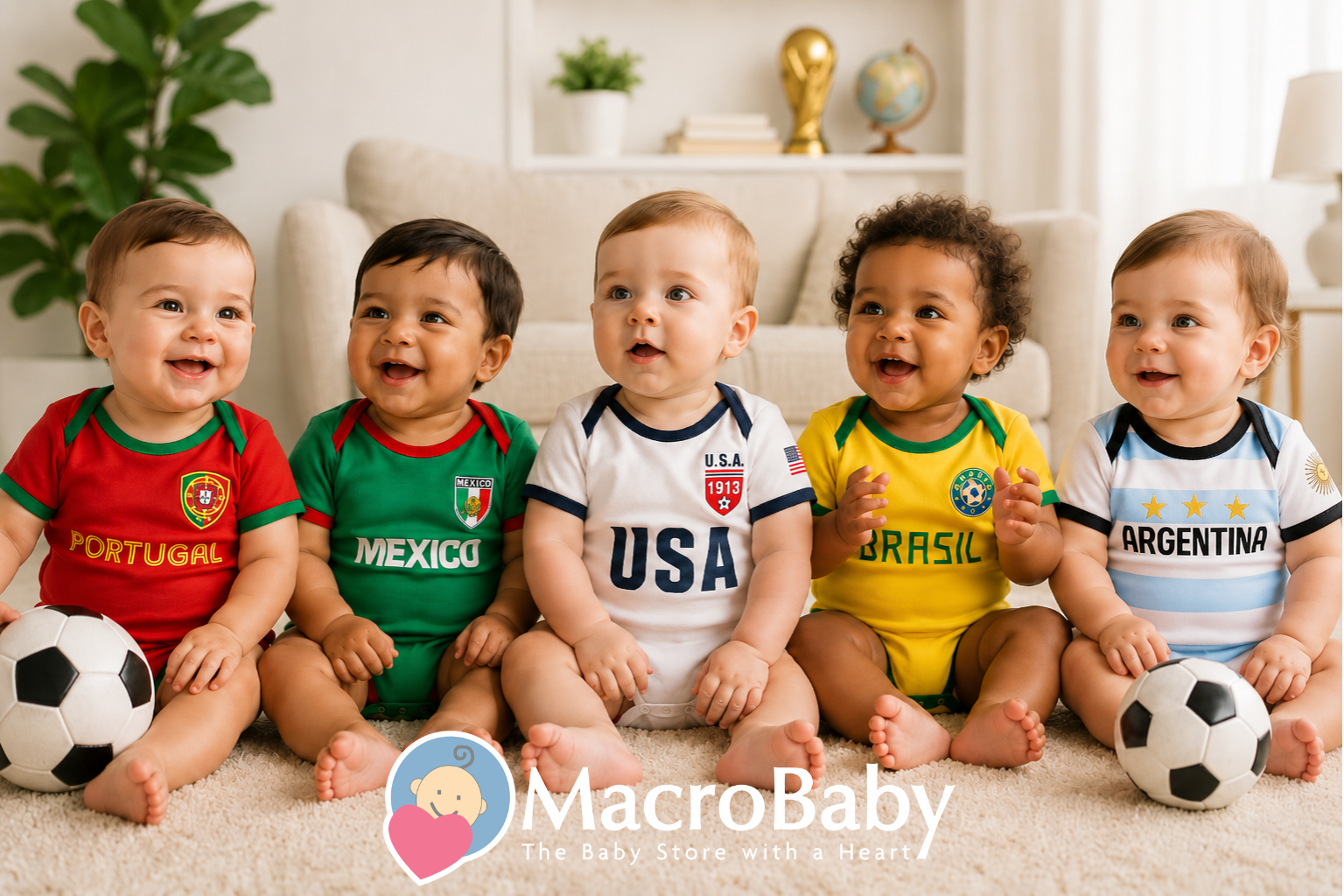 Five smiling babies in country-themed onesies with soccer balls, perfect for baby clothing and gifts.