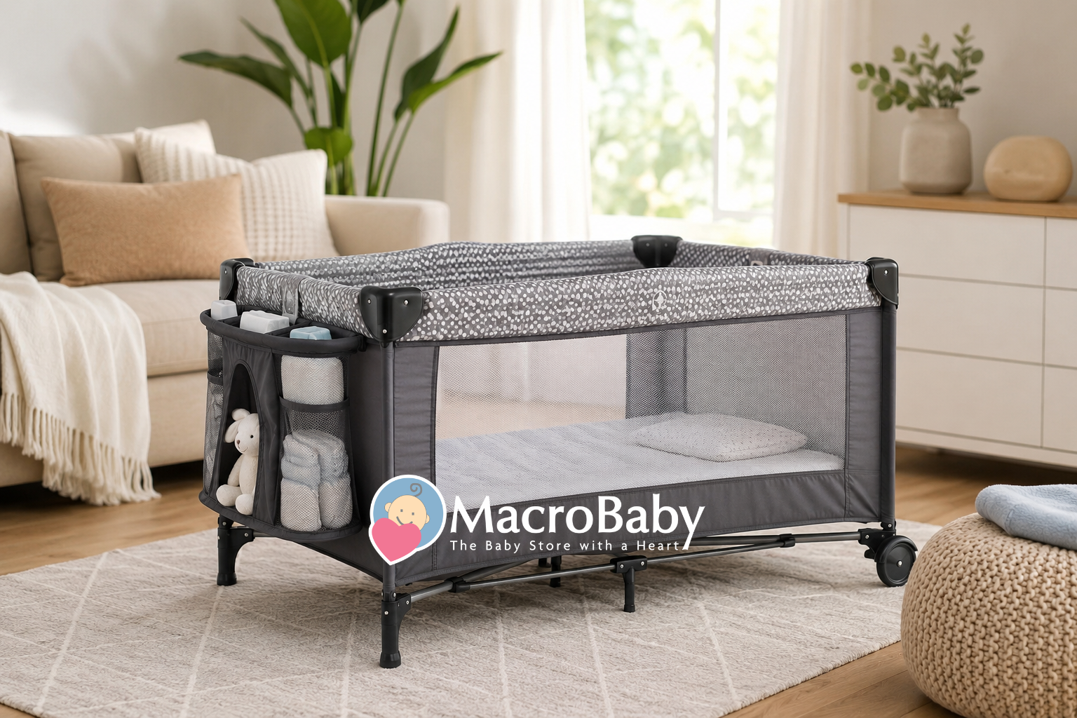Pack 'n Play in a stylish living room.