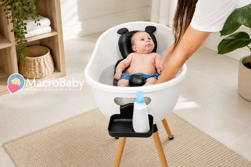 Modern baby bathtub with newborn in a soft, stylish home setting.