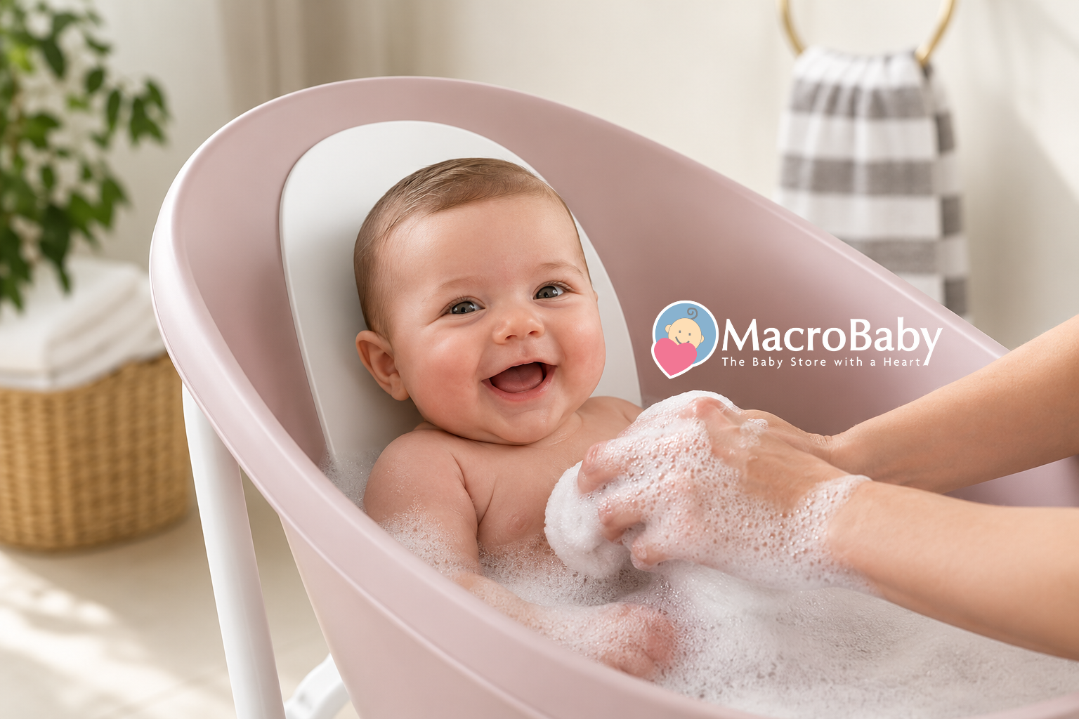Smiling baby enjoying a gentle bath.