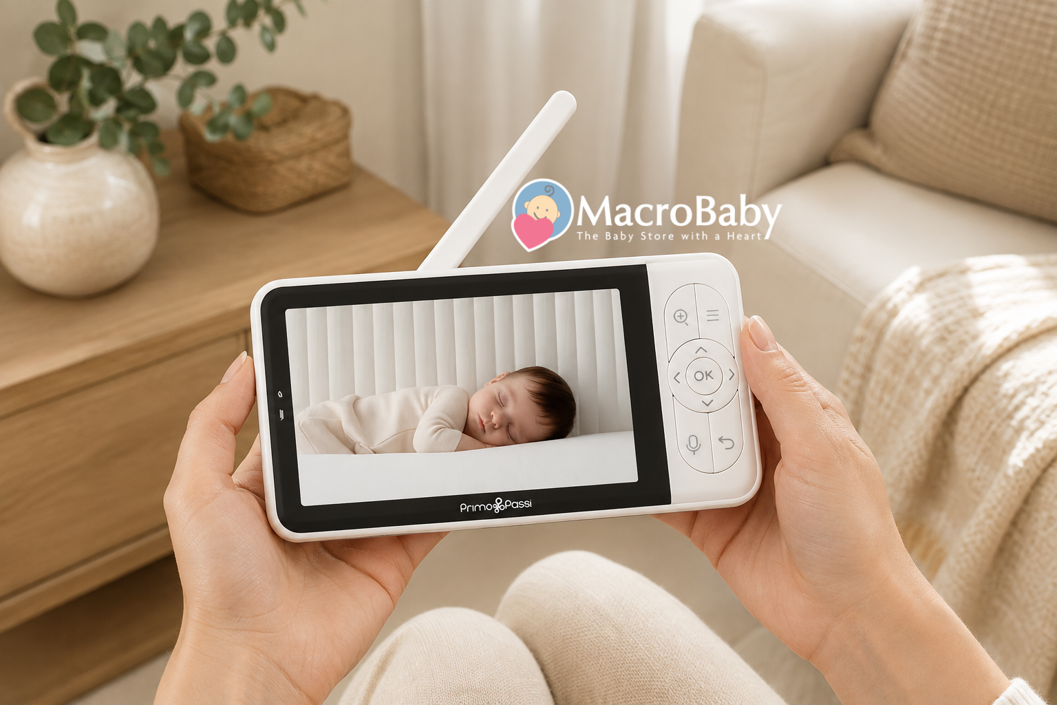 Baby monitor showing a sleeping infant.