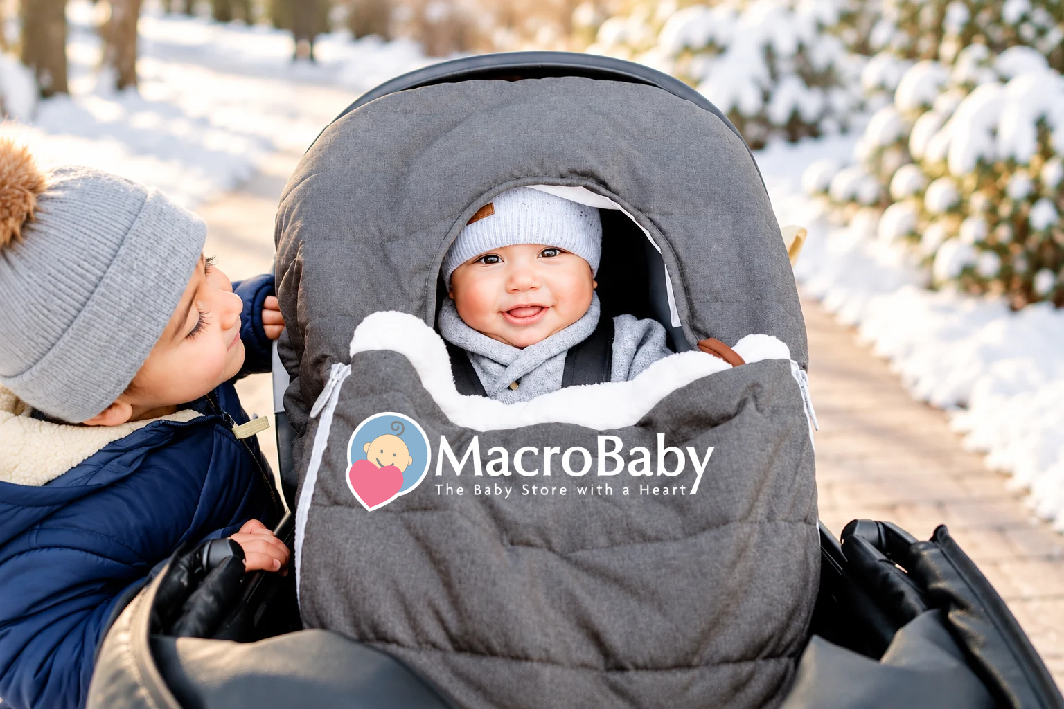 Baby in gray stroller on a snowy winter day.