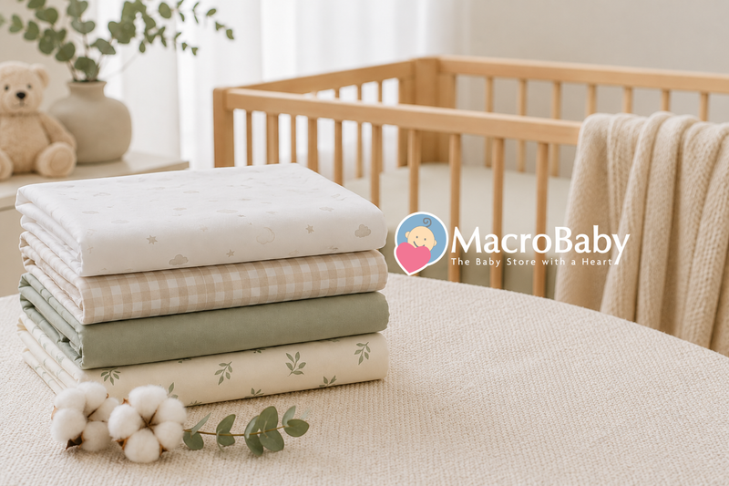 Folded crib sheets in a bright, modern nursery.