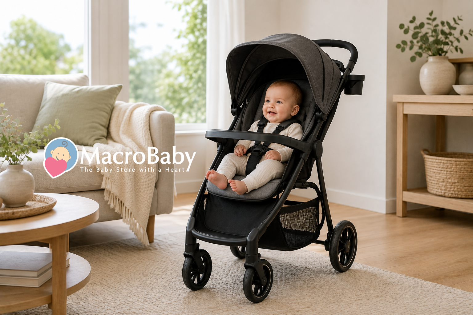 Smiling baby sitting in a stroller at home.