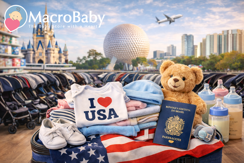 Baby travel essentials: strollers, I ❤️ USA onesie, teddy bear, passport, bottles & American flag on suitcase