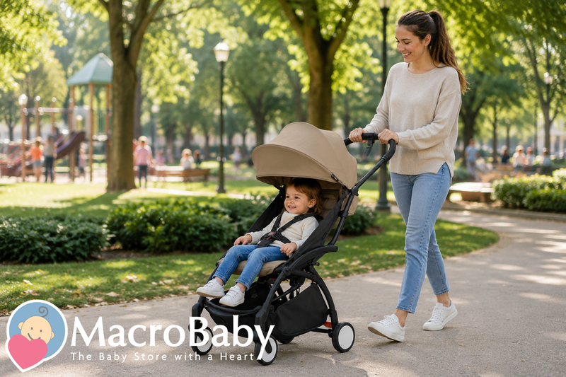 Mom pushing baby in stroller at park, enjoying outdoor family time with comfortable baby gear