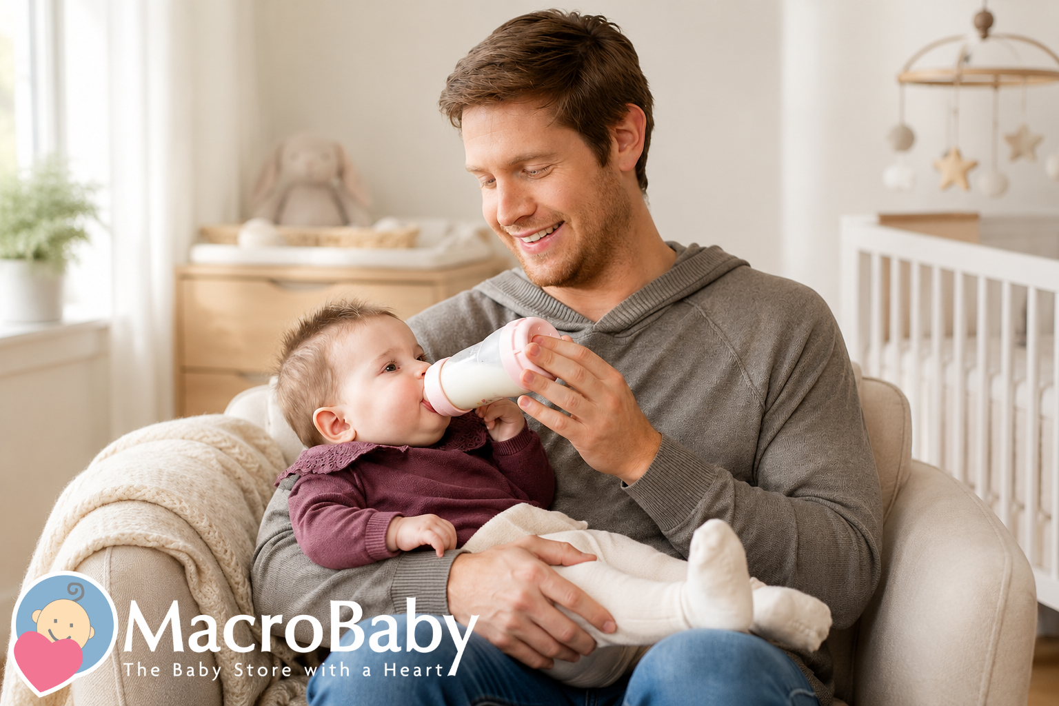 Father feeding a baby with an anti-colic bottle in a bright, modern nursery, capturing a warm moment of comfort, care, and relaxed feeding.