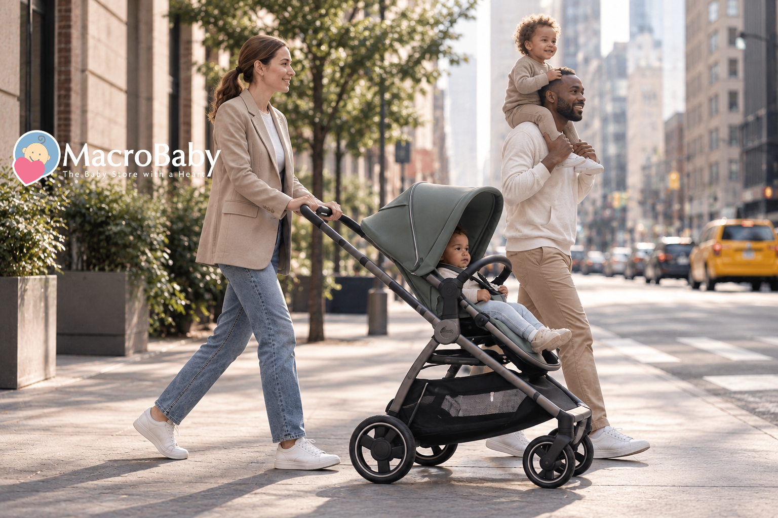 Family walking with a baby stroller in the city.