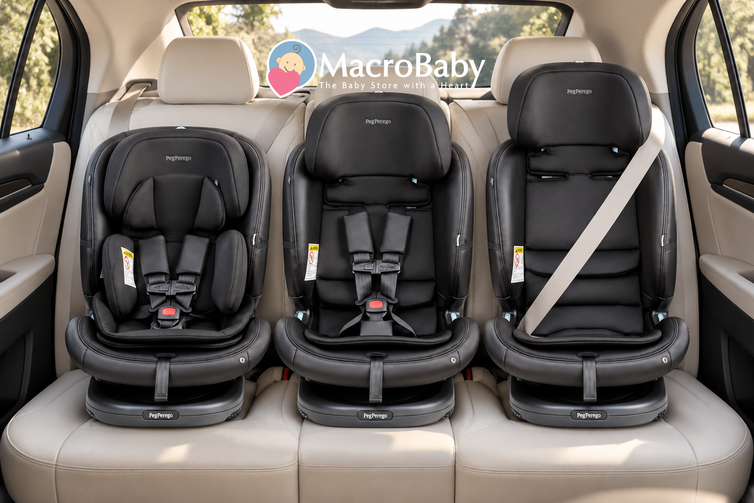 Three child car seats installed across a vehicle's back seat.
