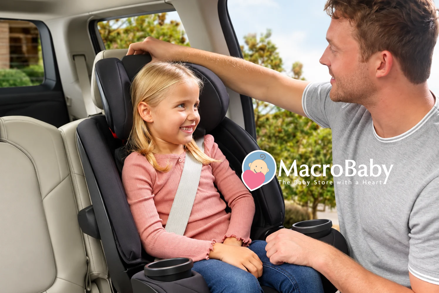 Father adjusting a car seat for his smiling daughter.