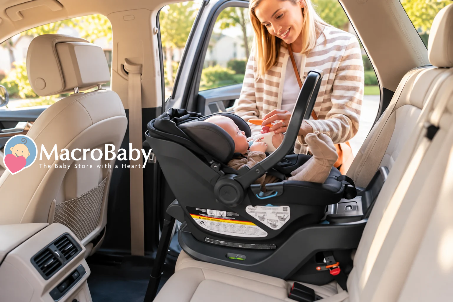 Mother caring for her baby in a car seat.
