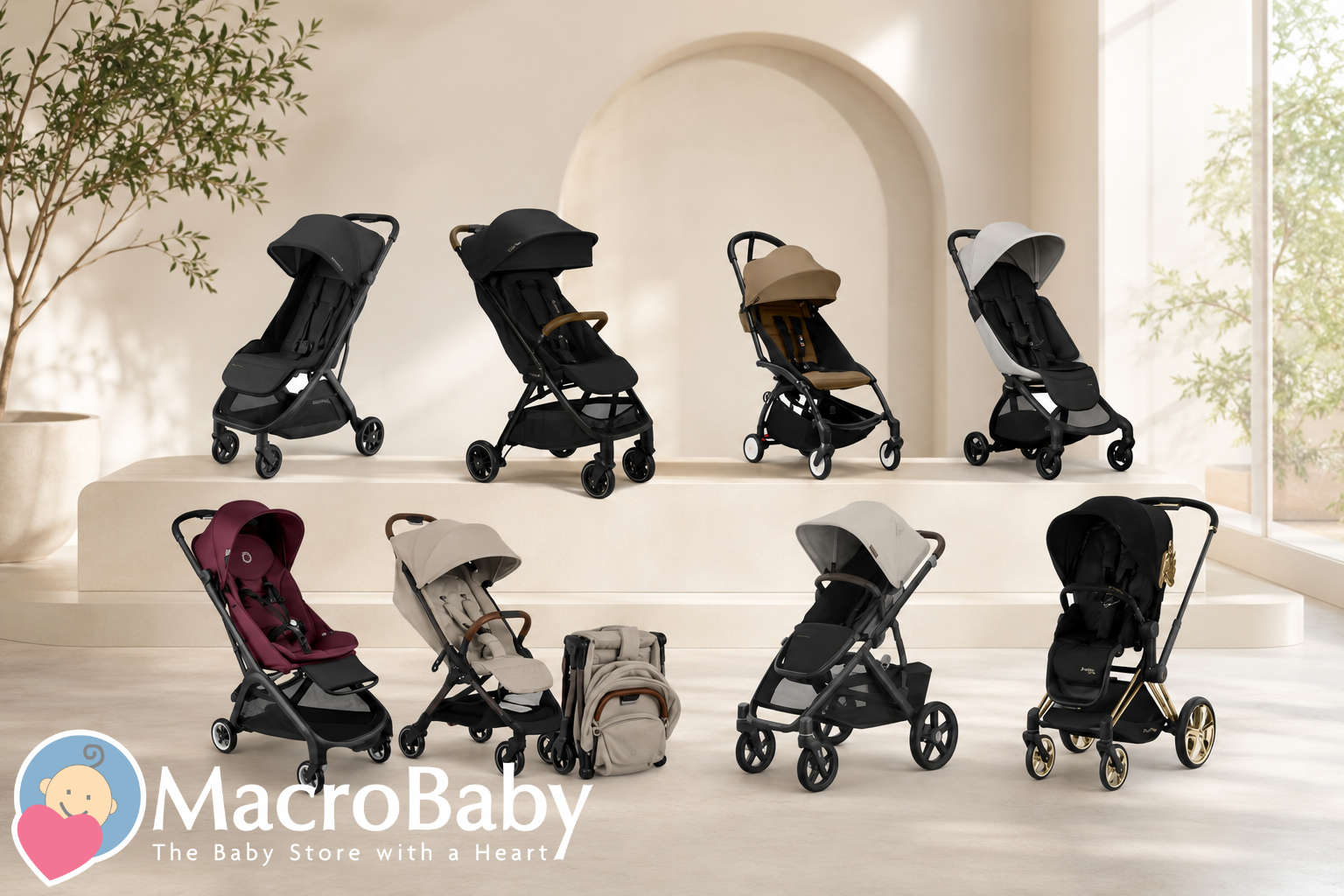 A lineup of modern premium baby strollers arranged in a clean, elegant interior with natural lighting and neutral tones, illustrating an eco-friendly guide to non-toxic strollers and sustainable baby gear for 2026.