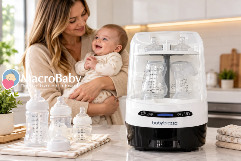 Baby Brezza bottle sterilizer on a kitchen counter with mother and baby in the background.