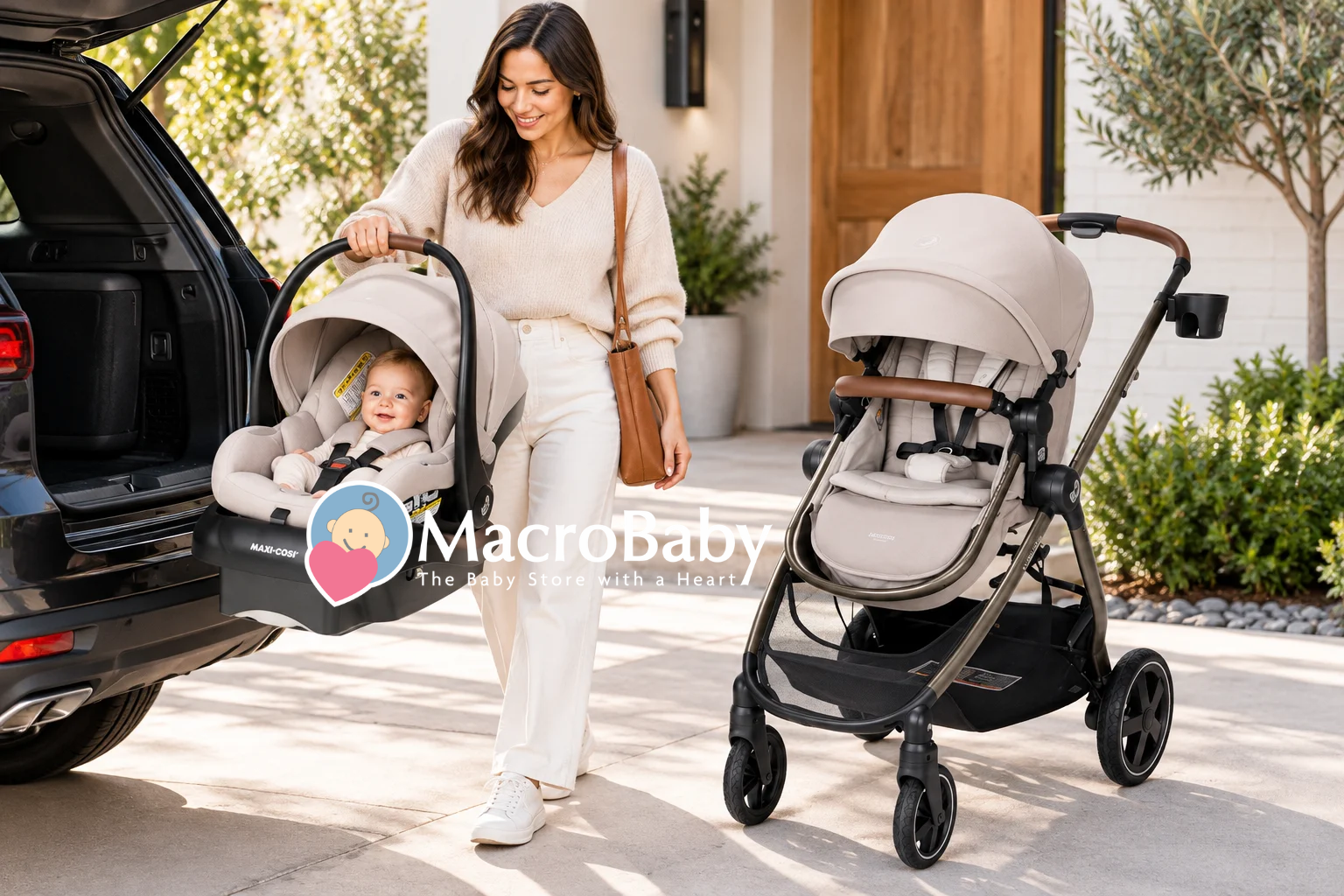 Mother with baby in a Maxi-Cosi car seat beside a matching stroller.
