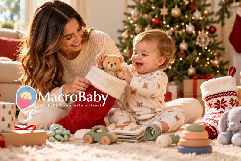 Mother and smiling toddler opening a Christmas stocking filled with a teddy bear, surrounded by baby toys and holiday gifts beside a decorated Christmas tree.