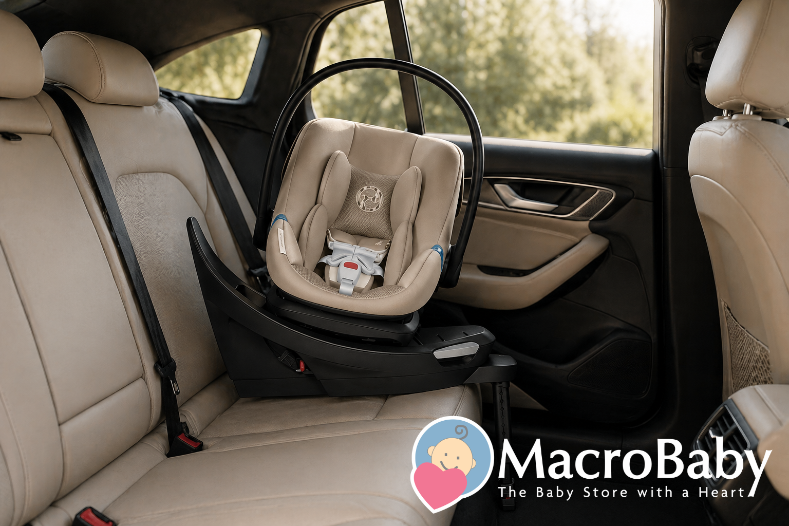 Beige infant car seat with black base installed in backseat of car, featuring harness straps and head support