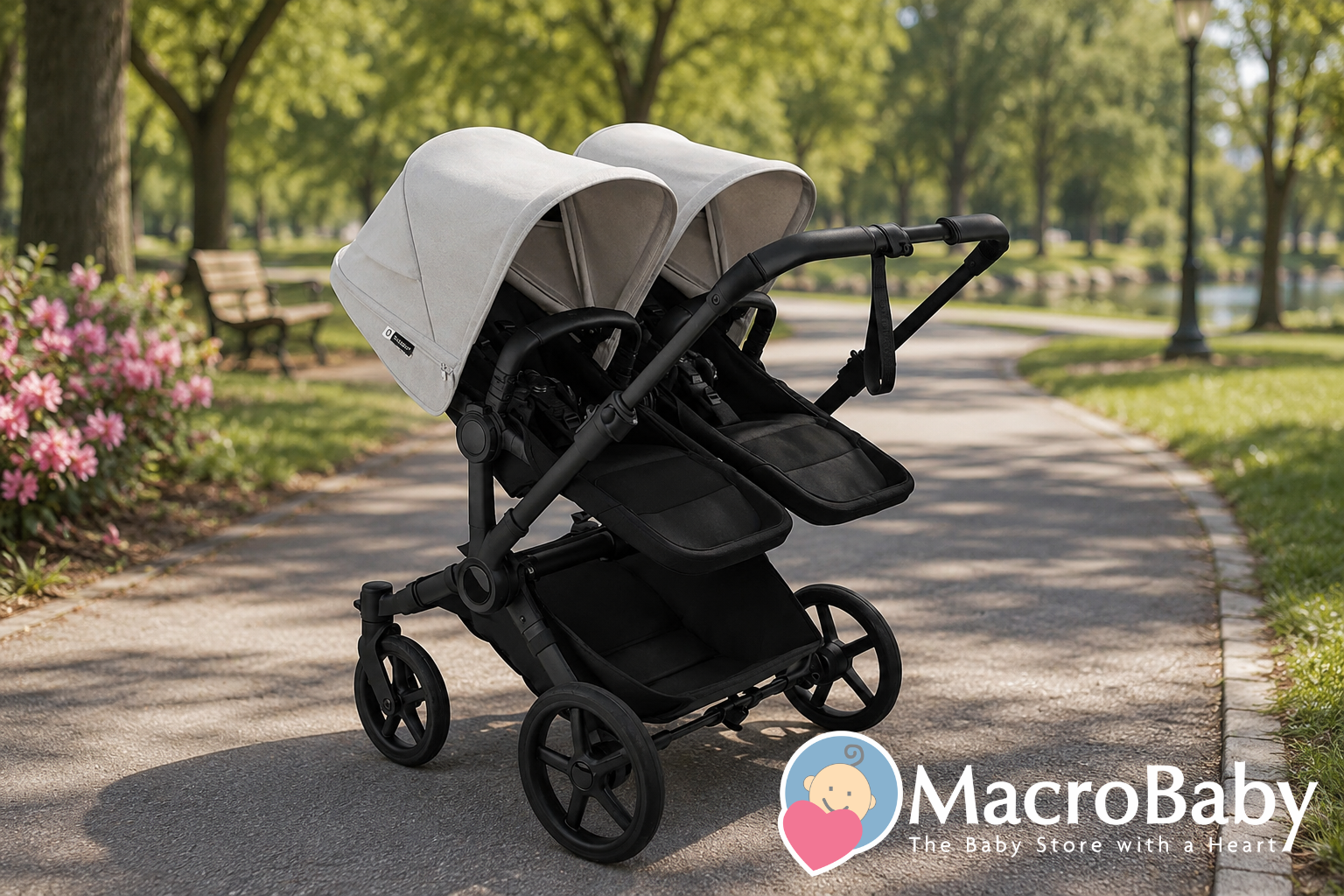 Twin baby stroller with canopy on park path, ideal for double stroller needs