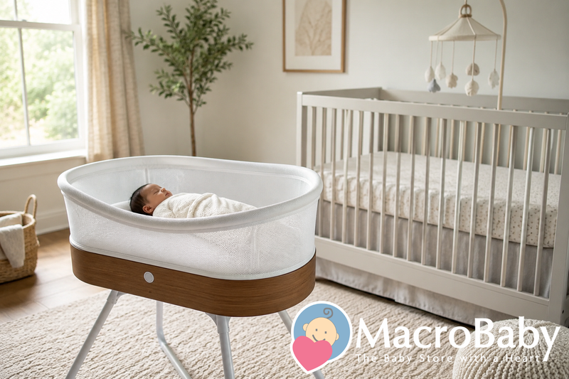 A sleeping baby rests in a modern bassinet in the foreground of a bright, minimalist nursery, with a full-size crib visible in the background, illustrating the transition from bassinet to crib.