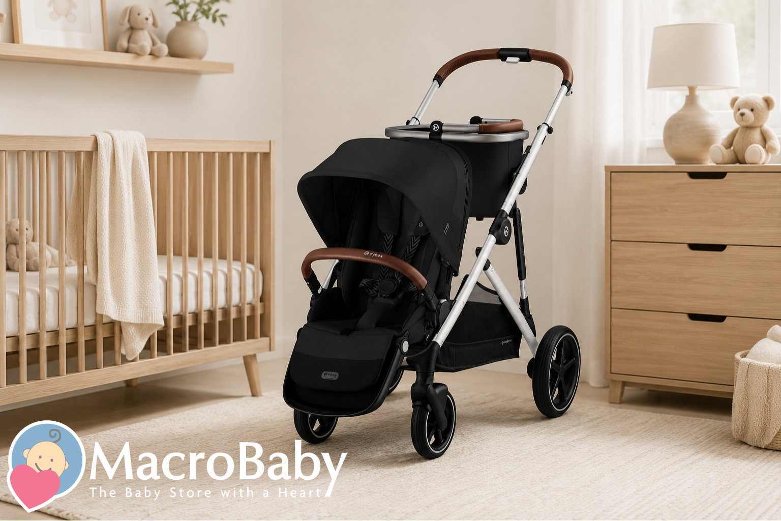 Black Cybex stroller with brown leather handles in a cozy nursery with wooden crib and dresser