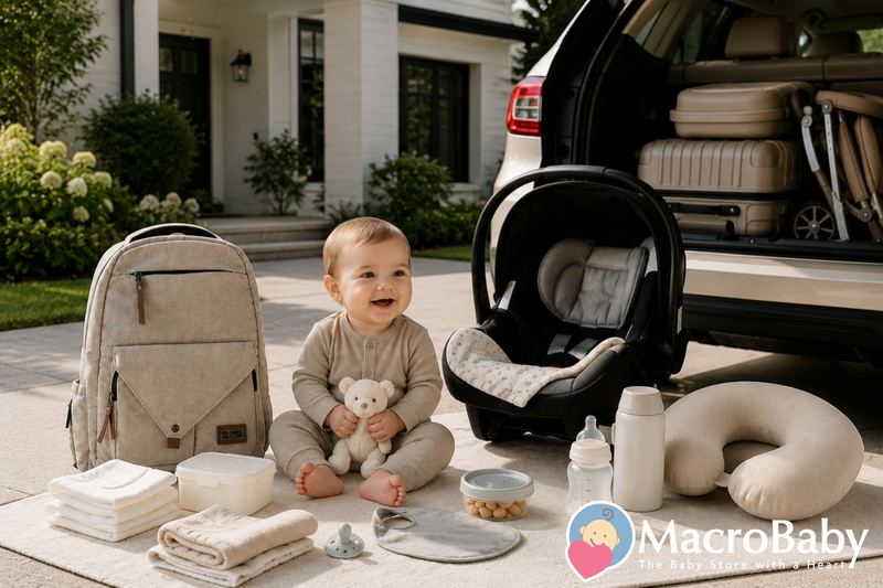 Happy baby with stroller, car seat, diaper bag, and travel essentials for family outings