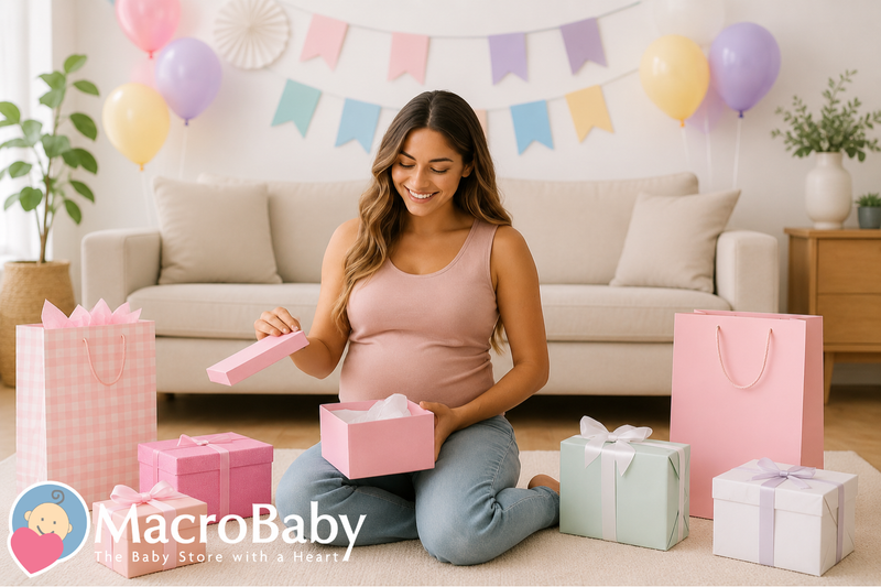 Pregnant mom opening baby shower gifts with colorful balloons and pastel gift boxes