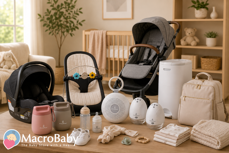 Baby essentials including stroller, car seat, bottles, and nursery gear for moms and babies