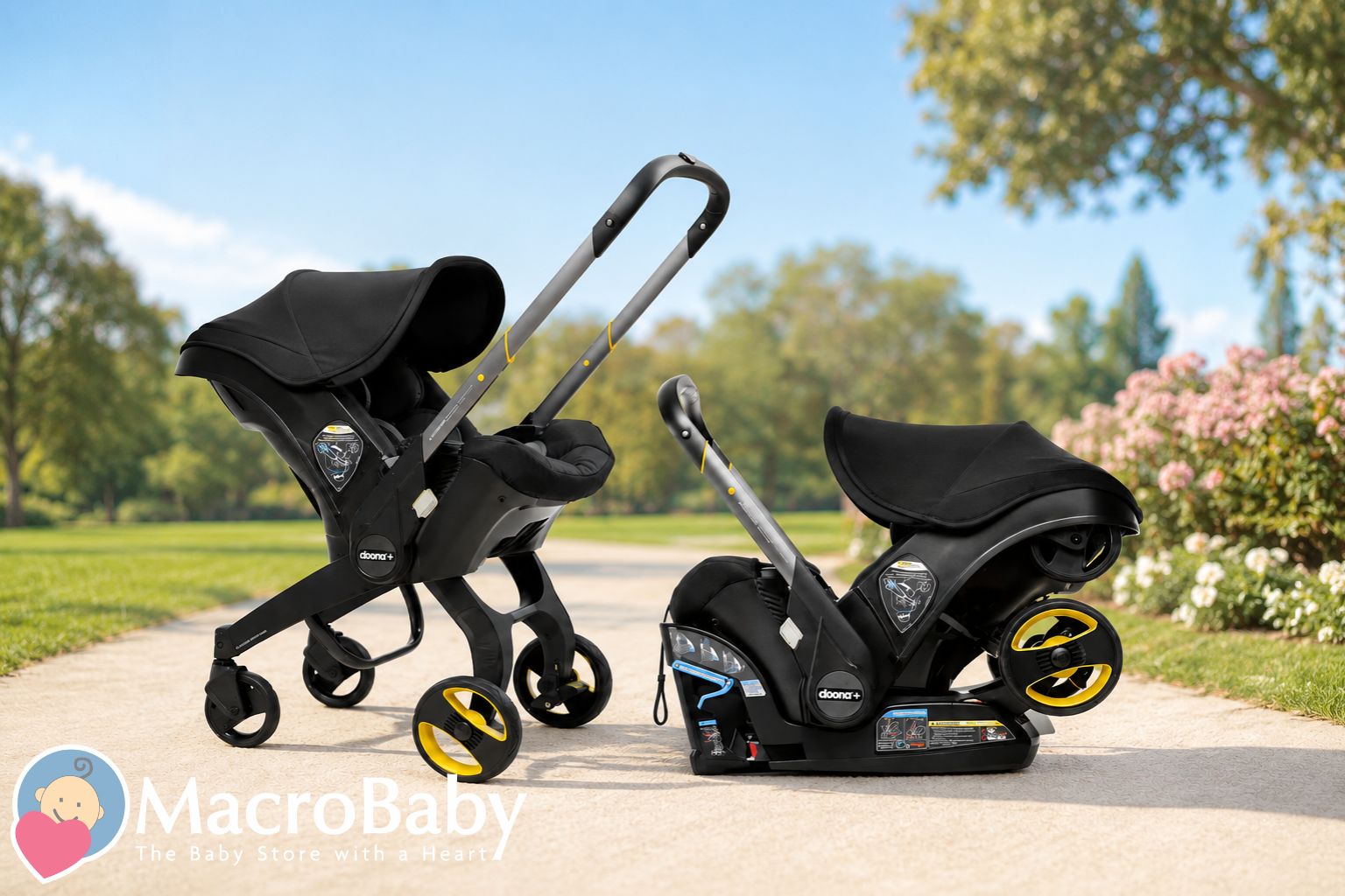 Black Doona+ infant car seat and stroller combo with yellow wheels on park path
