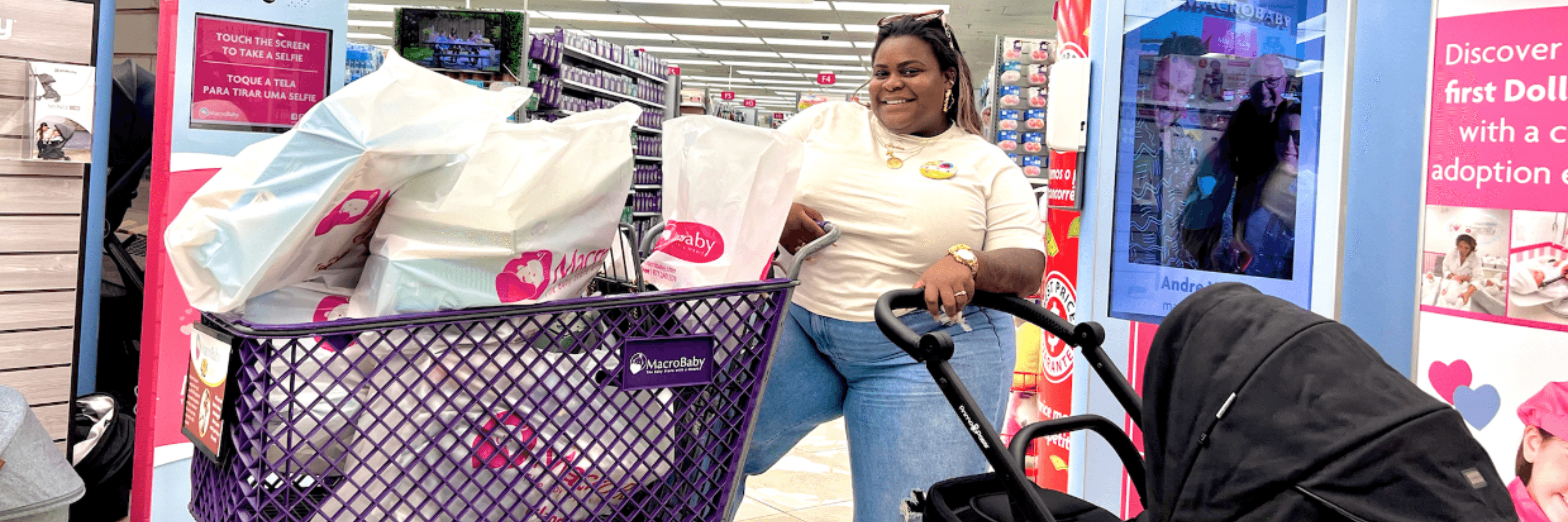 Woman shopping with stroller and MacroBaby bags in store