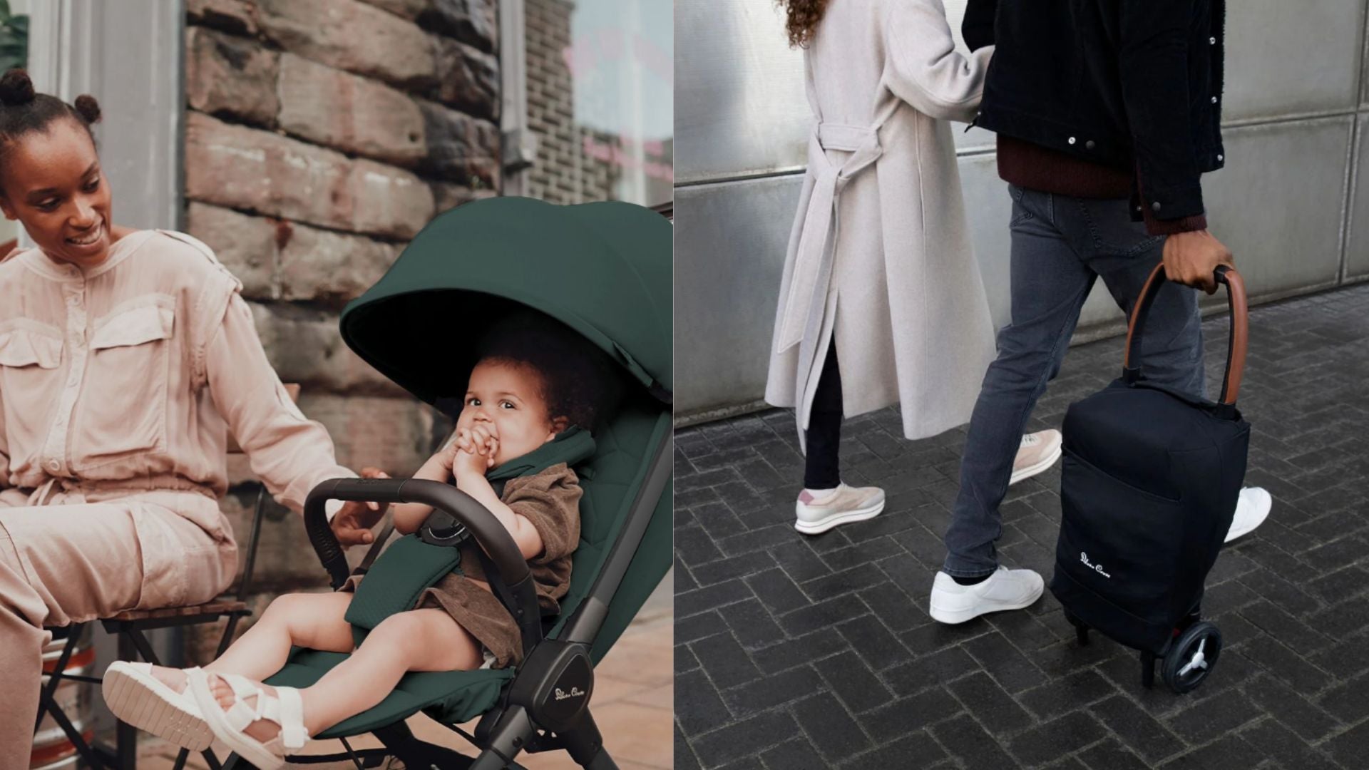 Mom with baby in green stroller and couple walking with black rolling diaper bag