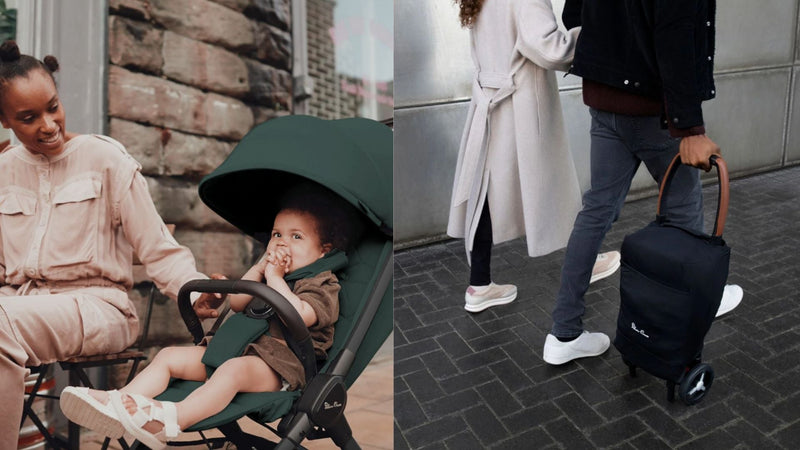 Mom with baby in green stroller and couple walking with black rolling diaper bag