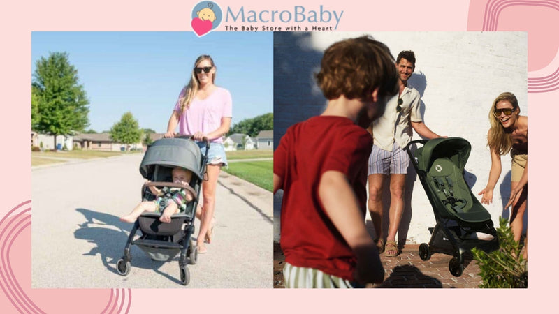 Mom pushing baby stroller on sunny street, family enjoying outdoor time with stroller