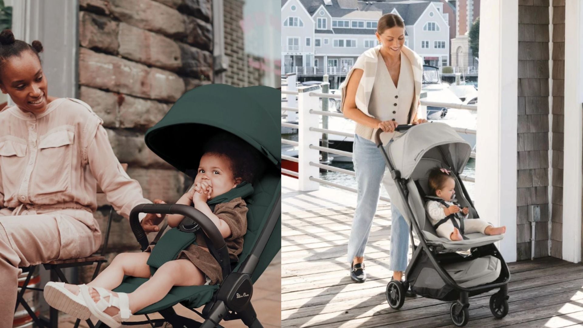 Mom pushing baby in stroller outdoors, green and gray lightweight strollers for travel and daily use