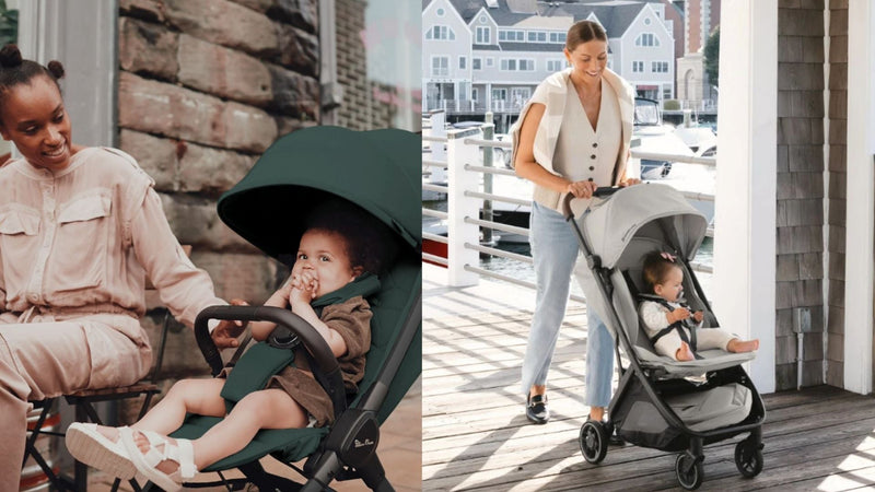 Mom pushing baby in stroller outdoors, green and gray lightweight strollers for travel and daily use