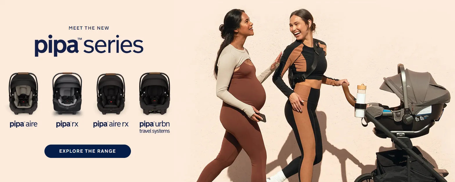 Pipa series baby car seats with moms walking and stroller, featuring pipa aire, rx, and urbnn models