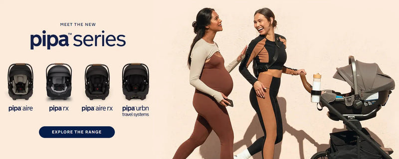 Pipa series baby car seats with moms walking and stroller, featuring pipa aire, rx, and urbnn models