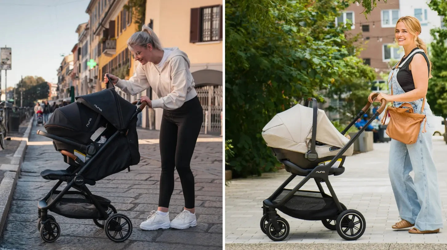 Nuna baby stroller with car seat, lightweight design for urban walks, perfect for moms on the go