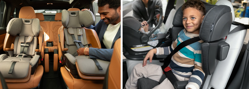 Nuna car seats installed in SUV with dad adjusting harness and child smiling securely seated