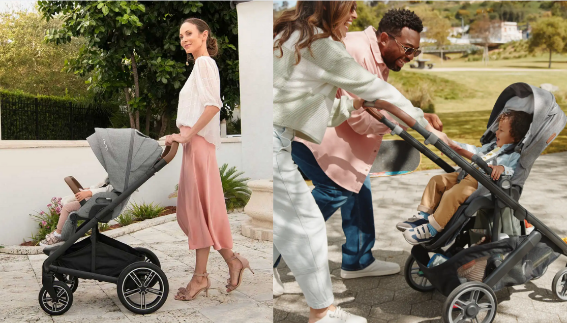 Modern baby stroller with parents walking outdoors, perfect for family outings and daily errands.