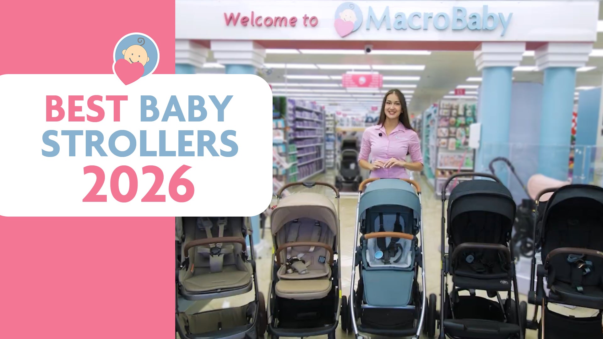 Best baby strollers 2026 displayed in store with presenter, featuring multiple models for moms and babies